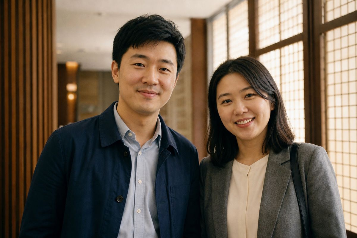一男一女见面后的合影演示